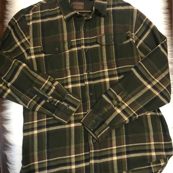 Orvis Mens Flannel Shirt Size XL Big Bear Heavyweight Green Plaid Brawny EUC - Picture 8 of 8